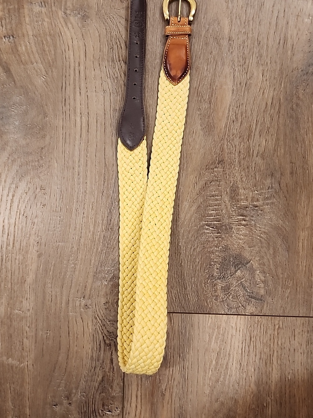 Trafalgar Yellow Braided Belt with Brown Leather Trim and Gold Buckle